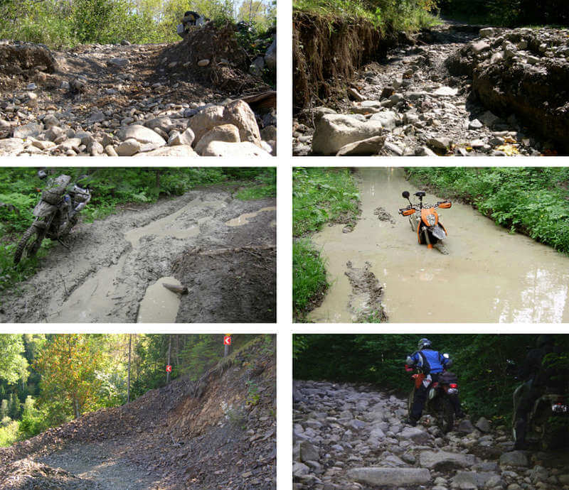 6 imágenes de pistas muy difíciles, caminos de piedras, todo barro, mucha pendiente o inundadas con profundidad