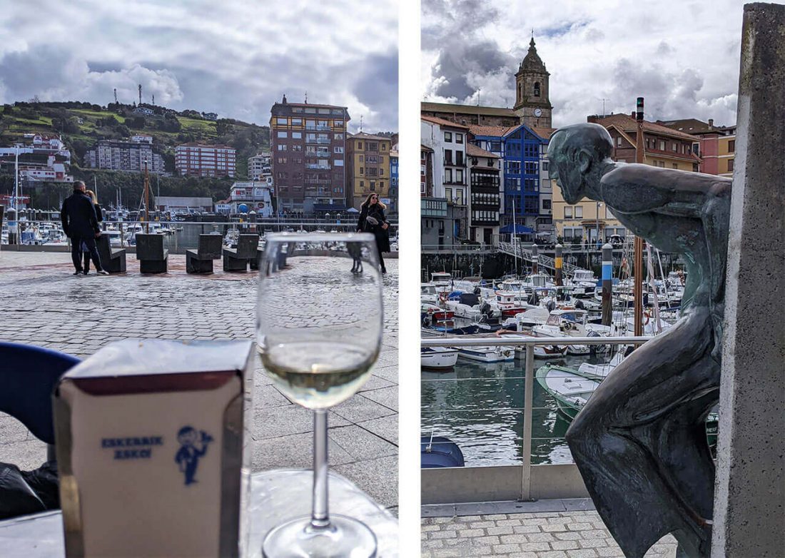 Collage del puerto de Bermeo, dos fotos con los barcos, una escultura y una copa de vino blanco