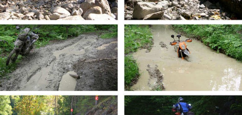 6 imágenes de pistas muy difíciles, caminos de piedras, todo barro, mucha pendiente o inundadas con profundidad