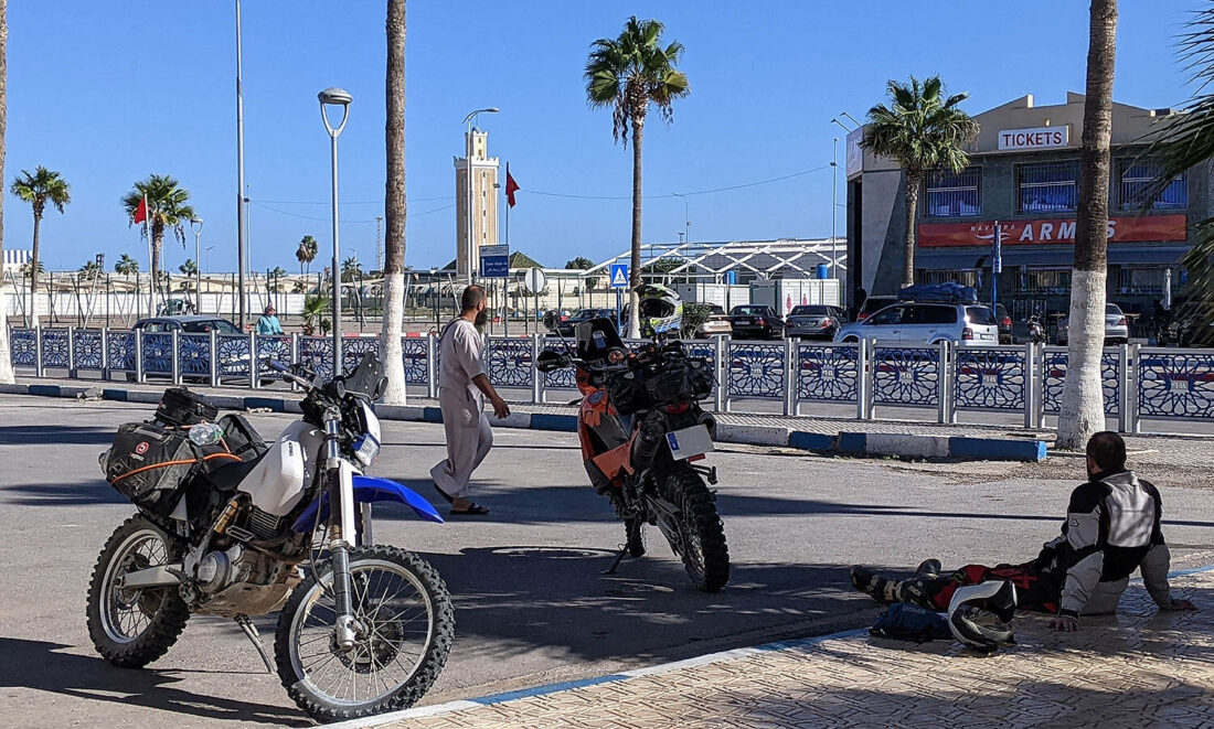 Dos motos y un motero sentado en el suelo en una ciudad entre palmeras